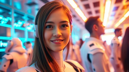 Young woman close-up happy in bright neon room in smart, white, technological robotic fashion clothes made of plastic and fabric