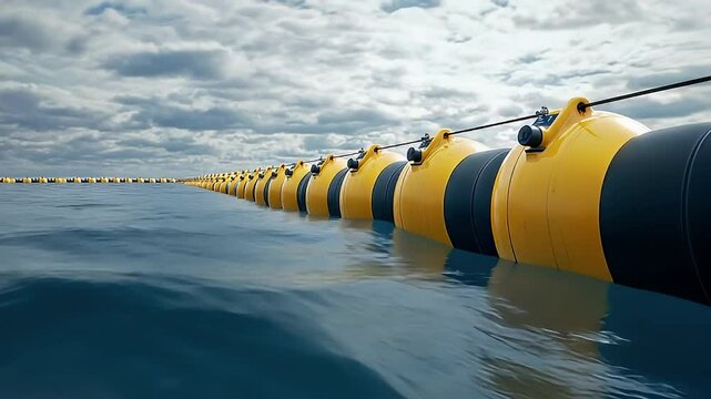 Yellow And Black Buoys Floating On Blue Ocean Surface Under Cloudy Sky