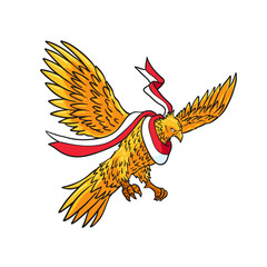 vector of a yellow eagle with a red and white flag around its neck in a pouncing pose
