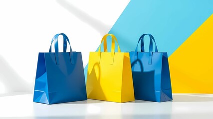Bold Blue and Yellow Shopping Bags with Geometric Backdrop