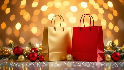Festive Gold and Red Holiday Shopping Bags