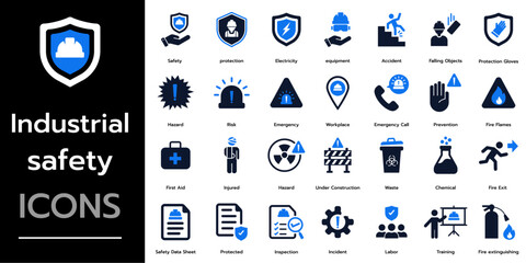 Industrial safety icon set. hazard, emergency, protection, risk, safe, security, warning and more. Solid vector icons collection