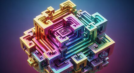 A Vividly Colorful Bismuth Crystal Abstract Structure Against A Gradient Purple Backdrop