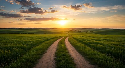 Fototapeta premium Serene Sunset Path Through Lush Green Fields