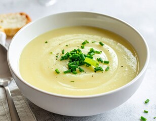 Creamy Pale Yellow Soup In White Bowl