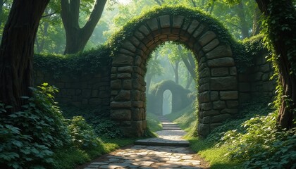 Ancient stone archway leads to mystical forest. Rich green ivy covers walls stone steps. Sunlit path beckons into deep green shadows. Tranquil nature scene. Serene peaceful place.
