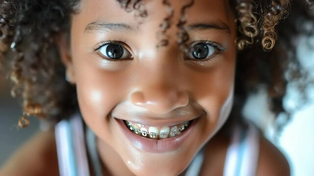Smiling Afro girl with metal brackets, representing orthodontic treatment, wellness, and oral health