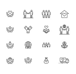 Charity and Social Care Line Icons Set Of Donations, Support, Community, and Volunteer Work Vector illustration.

