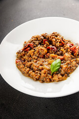 Lentil dish vegetables and roasted peppers savory vegetable fresh vegetarian and vegan food gourmet food background on the table rustic food top view copy space keto and paleo diet