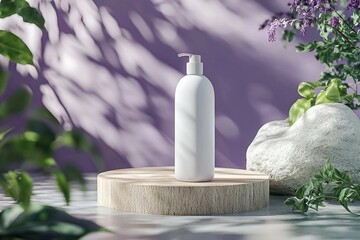 Minimal White Lotion Bottle on Wooden Pedestal with Natural Spa Elements and Purple Background. Mockup style product display
