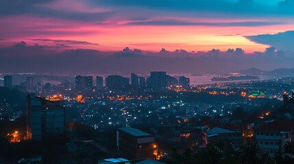 Fototapeta premium Vibrant sunset hues paint the cityscape, casting a warm glow over a sprawling metropolis nestled between water and hills. City lights twinkle, creating a mesmerizing night scene