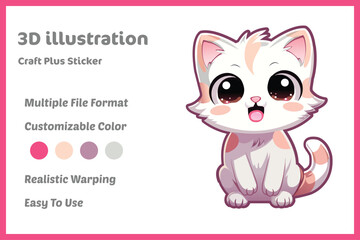 A charming 3D illustration of a cute, wide-eyed kawaii cat, perfect as a craft sticker with customizable colors and realistic warping