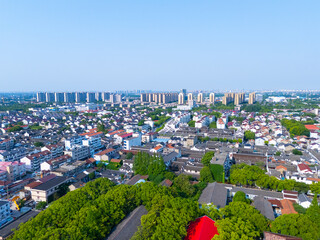 Aerial view of Shanghai Xinchang Ancient Town on sunny day, One of the most famous ancient towns in Shanghai.