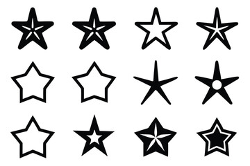 Fototapeta premium Collection of black star icons with diverse outlines on a clean white background