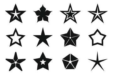 Obraz premium Collection of black star shapes and variations isolated on a white background for design