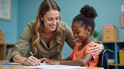 Smiling teacher helping girl student study in classroom