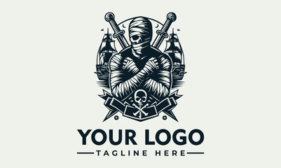 Intricate illustration of a rugged pirate figure with a classic hat, crossed swords, and a majestic sailing ship in the background. Maritime adventure concept