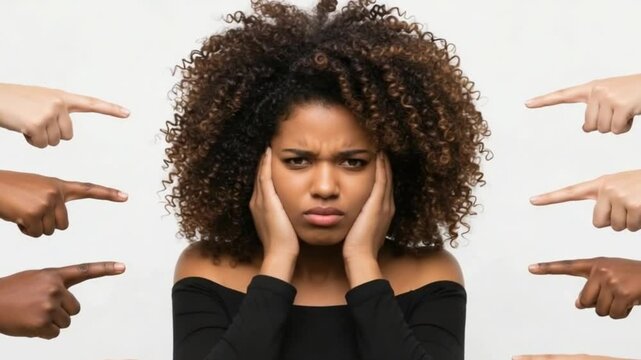 Upset Woman Closing Ears Ignoring Multiple Accusing Fingers