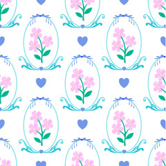 Seamless pattern of luxurious and beautiful floral motifs in a ribbon arch with hearts