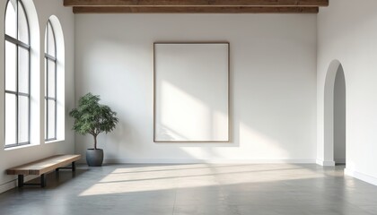 Fototapeta premium Empty wall frame in modern gallery space. White wall with wooden beams. Minimalist interior design, home decor, art, template, poster, exhibition, photo, picture, display, blank canvas