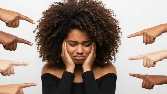 Upset Woman Closing Ears Ignoring Multiple Accusing Fingers