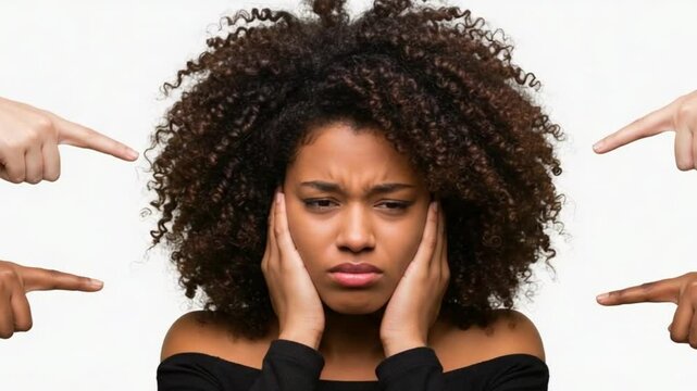 Upset Woman Closing Ears Ignoring Multiple Accusing Fingers