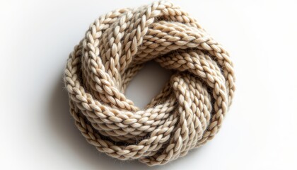 Obraz premium Thick, chunky winter scarf rolled into a ring on white background 