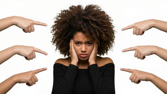 Upset Woman Closing Ears Ignoring Multiple Accusing Fingers