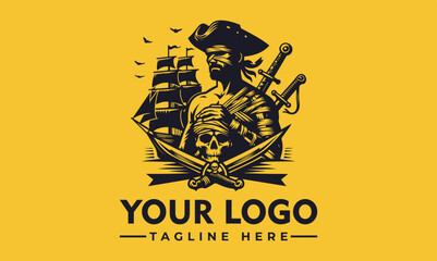 Intricate illustration of a rugged pirate figure with a classic hat, crossed swords, and a majestic sailing ship in the background. Maritime adventure concept