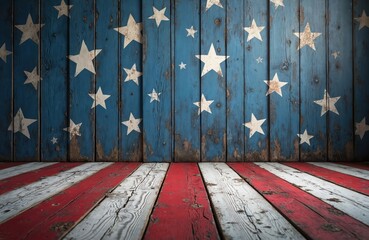 Weathered wood backdrop features blue, white stars, red white blue stripes. Rustic distressed American flag patriotic wall, wood texture background. Ideal for holiday decor, Independence Day,