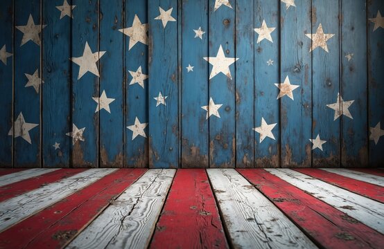 Weathered wood backdrop features blue, white stars, red white blue stripes. Rustic distressed American flag patriotic wall, wood texture background. Ideal for holiday decor, Independence Day, - Powered by Adobe