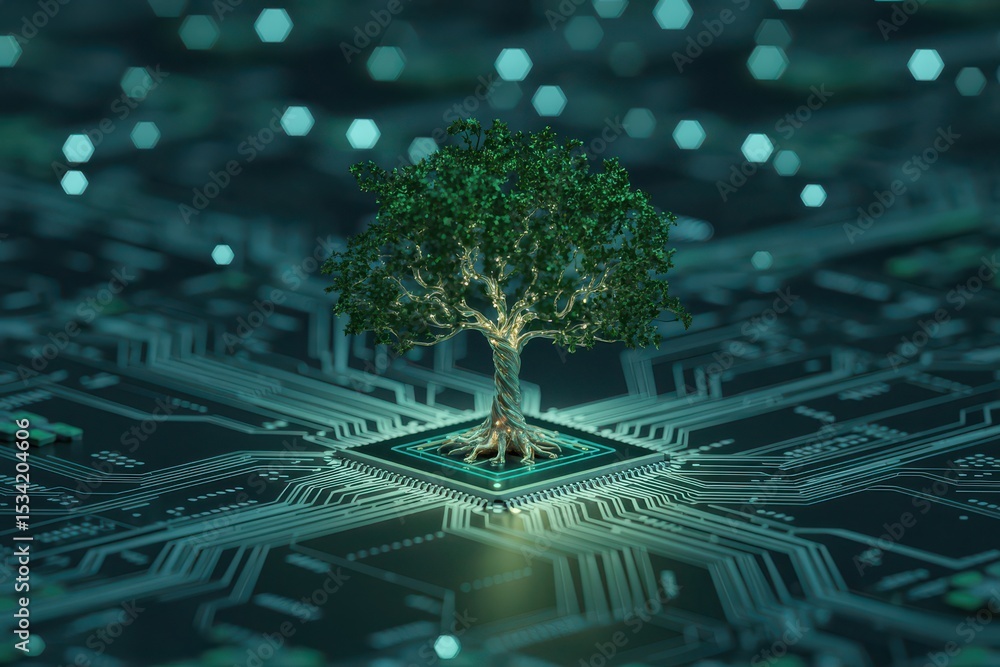 Poster glowing digital tree emerging from circuit board background