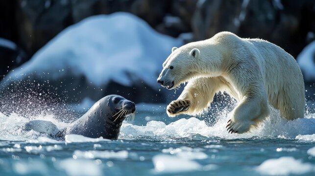 Polar bear hunting a seal on ice floe. (1)