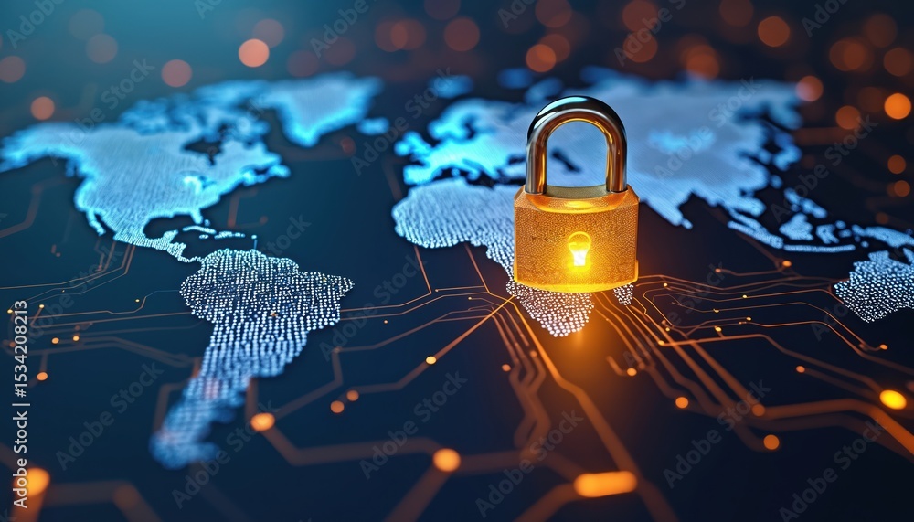 Poster illustration of global digital security. padlock on world map, representing data protection, cyberse