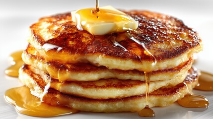 Delicious stack of pancakes with pouring maple syrup, butter, and powdered sugar