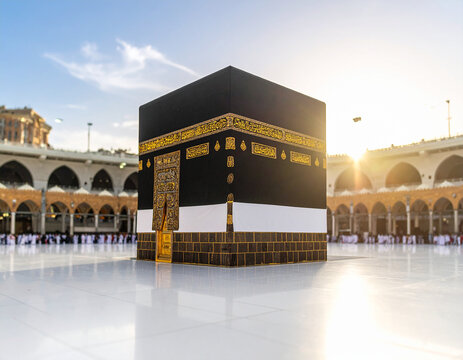 Bokeh Photo of the Kaaba in Mecca Standing on a White Marble Square in a Peaceful Spiritual Moment