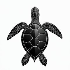 Fototapeta premium Black, white illustration of sea turtle isolated on white background. Graphic drawing of reptile silhouette with detailed shell, flippers. Ideal for logo, tattoo design, marine, aquatic life projects.