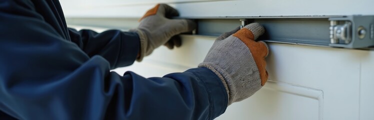 Repairman fixes broken garage door. Technician wears gloves, jacket. Manual work. Home improvement, DIY repair. Homeowner maintenance. Fixes garage door hinge, track, spring, replacing, repairing,
