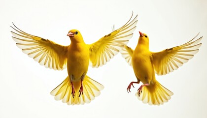 Obraz premium Two yellow canaries in flight with outstretched wings against white background. Bright plumage, bird open wings on display. Wildlife photography for nature blogs, websites, presentations.