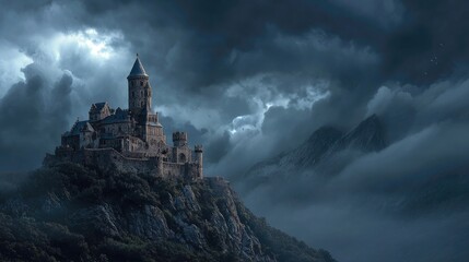 Panoramic haunted castle on a cliff, stormy clouds, dark fantasy atmosphere