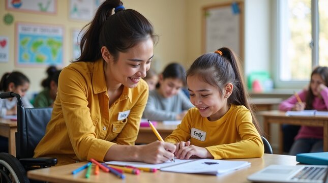 Female teacher helping smiling girl student in classroom setting