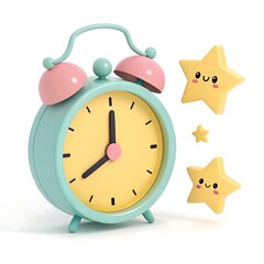 Cute Pastel Alarm Clock with Smiling Stars Illustration: Whimsical Cartoon Timepiece for Kids Room Decor & Sleep Concepts