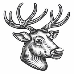 Deer head with large antlers in detailed woodcut style illustration art