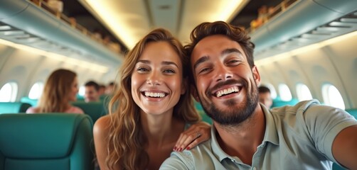 Happy couple taking selfie inside plane during summer vacation. Cheerful travelers smile, enjoy flight, create memories. Airline travel, holiday adventure, tourism, flight, smiling woman, man.
