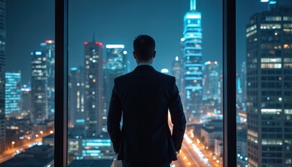 Businessman stands looking at modern metropolis, cityscape lights in office. Business leader in suit. City building in night time. Concept of success, future vision, career growth, business