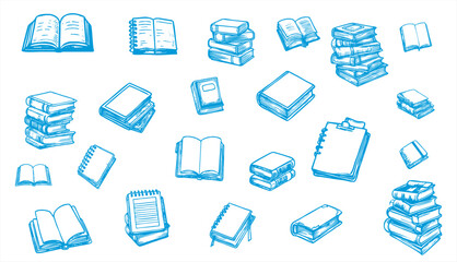 Hand-drawn doodle pack of Back to school banner with books, pencils, ruler and backpack items in outline vector style