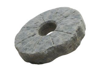 Ancient stone millstone wheel isolated on transparent background