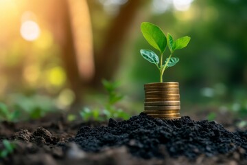 Seedling Sprouting from Golden Coins: A Serene Nature Photography