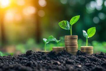 Growing Investments: Seedlings Flourishing on Stacks of Coins in a Serene Natural Setting