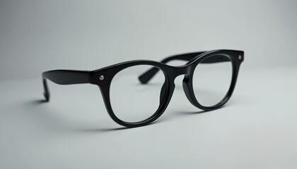 Classic black eyeglasses with round lenses against gray backdrop. Frame angled right, clean design. Eyewear for vision, fashion, style, image for retail, advertising or web site.